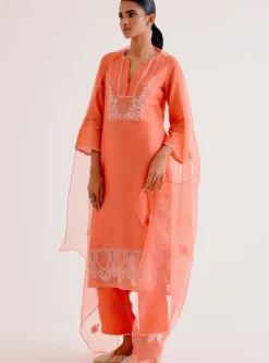 Orange Silk Chanderi Dori And Sequins Embroidered Kurta Set