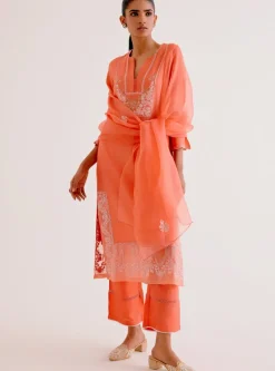Orange Silk Chanderi Dori And Sequins Embroidered Kurta Set