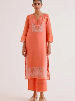 Orange Silk Chanderi Dori And Sequins Embroidered Kurta Set