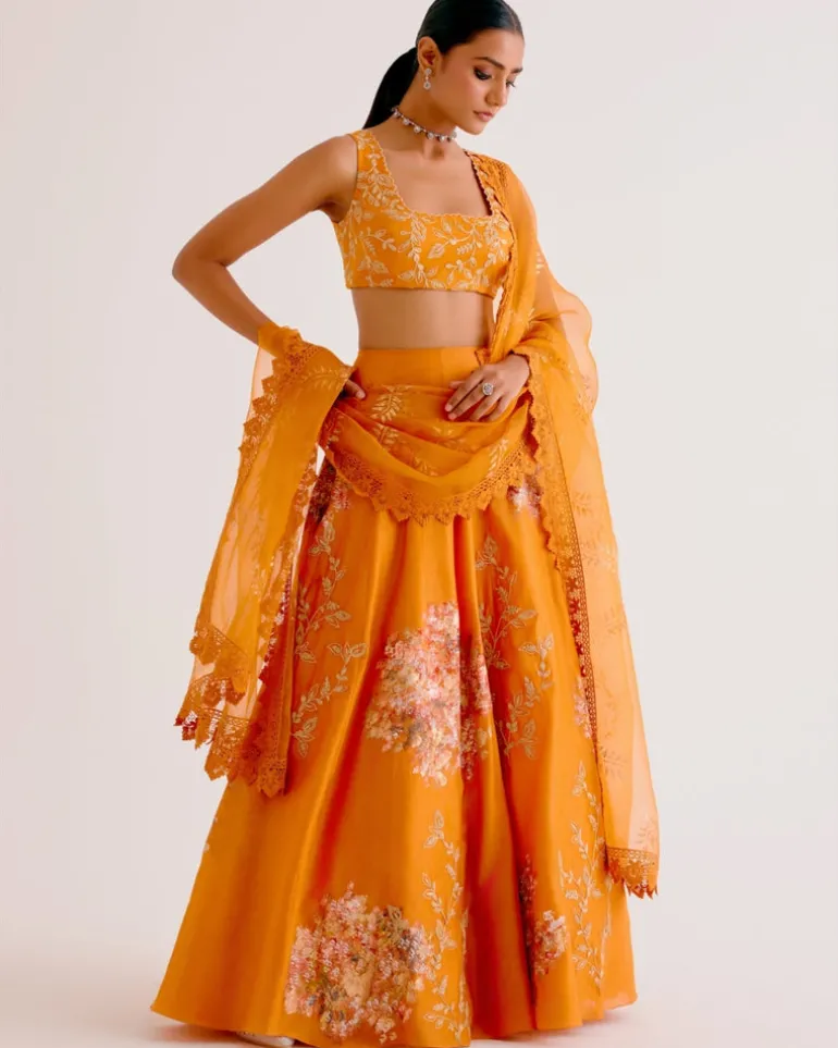 Orange Silk Chanderi Hand-Painted Lehenga Set