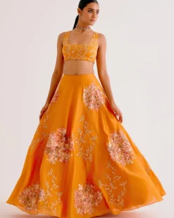 Orange Silk Chanderi Hand-Painted Lehenga Set