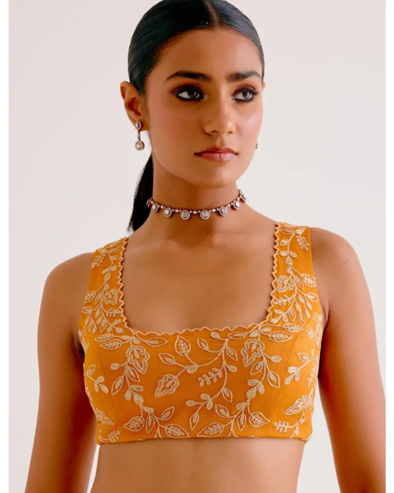 Orange Silk Chanderi Hand-Painted Lehenga Set