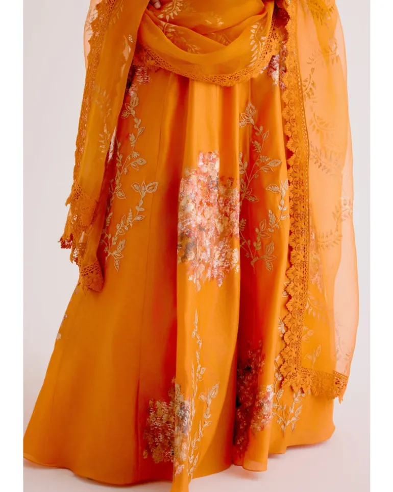 Orange Silk Chanderi Hand-Painted Lehenga Set