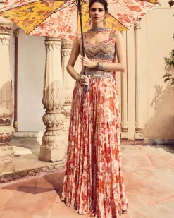 Orange Zig-Zag Print & Embroidered Blouse And Sharara Set