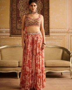 Orange Zig-Zag Print & Embroidered Blouse And Sharara Set