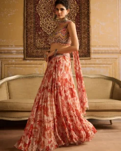 Orange Zig-Zag Print & Embroidered Blouse And Sharara Set