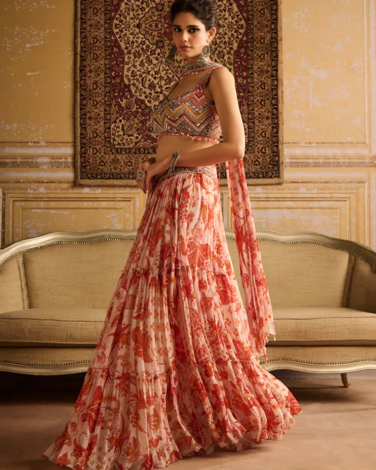 Orange Zig-Zag Print & Embroidered Blouse And Sharara Set
