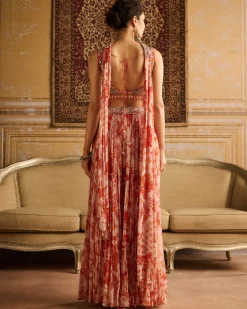 Orange Zig-Zag Print & Embroidered Blouse And Sharara Set