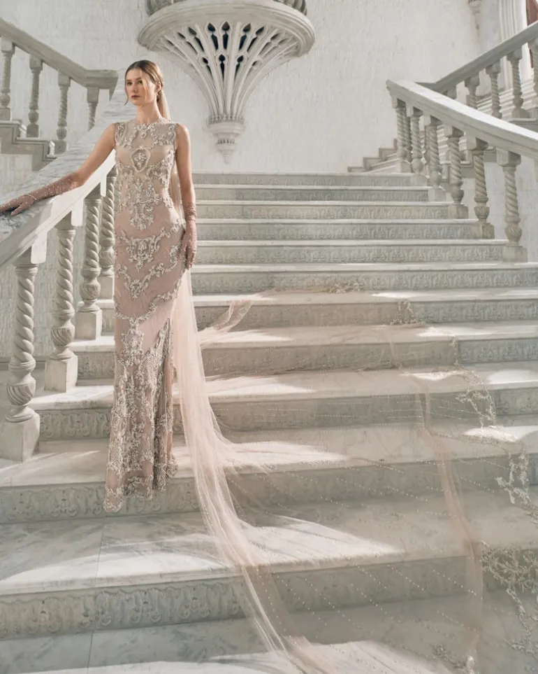Pale Blush Pearl Embroidered Fitted Gown