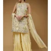 Pale Yellow Embroidered Back Tie-Up Kurta With Frill Sharara Set
