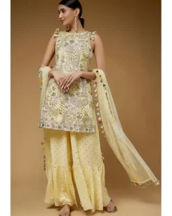 Pale Yellow Embroidered Back Tie-Up Kurta With Frill Sharara Set