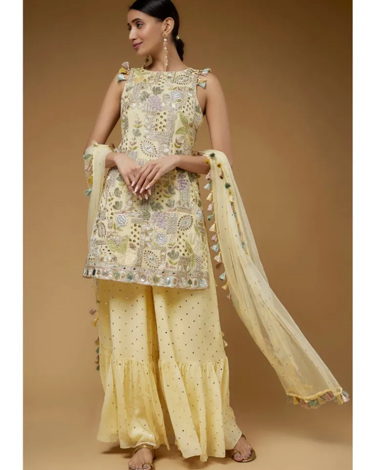 Pale Yellow Embroidered Back Tie-Up Kurta With Frill Sharara Set