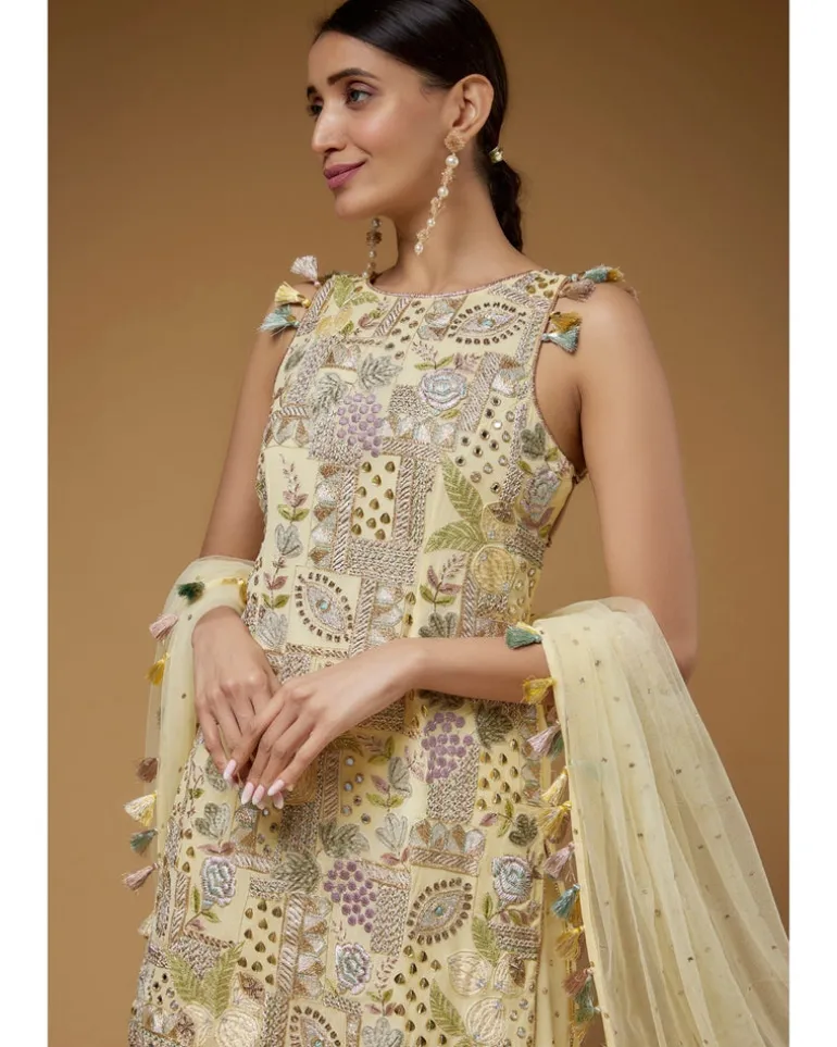 Pale Yellow Embroidered Back Tie-Up Kurta With Frill Sharara Set