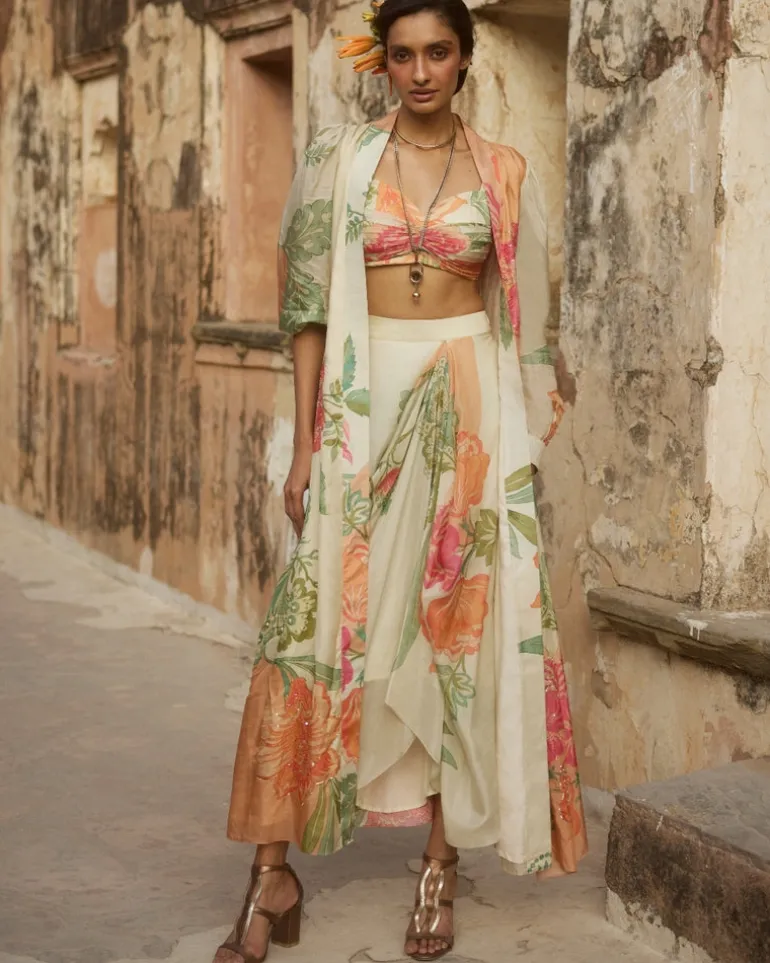 Pastel Orange Habutai Floral Skirt Set