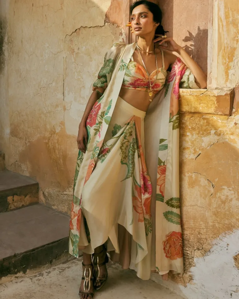Pastel Orange Habutai Floral Skirt Set