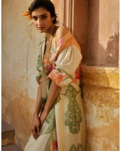 Pastel Orange Habutai Floral Skirt Set