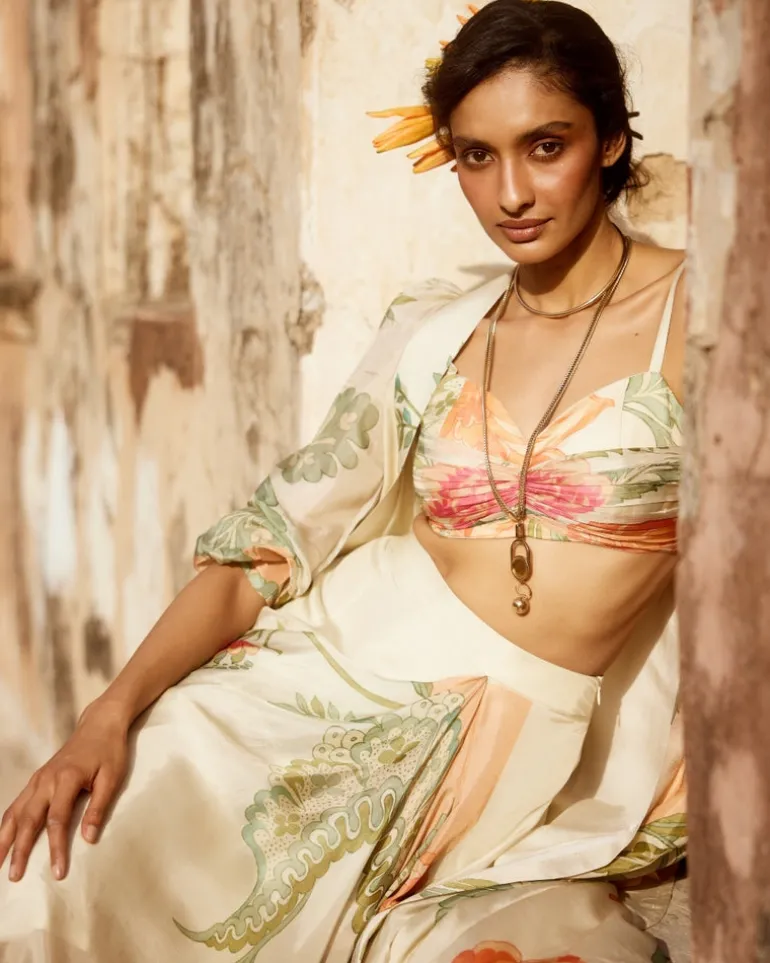 Pastel Orange Habutai Floral Skirt Set