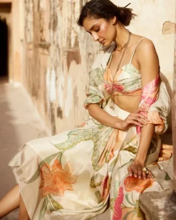 Pastel Orange Habutai Floral Skirt Set