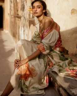 Pastel Orange Habutai Floral Skirt Set