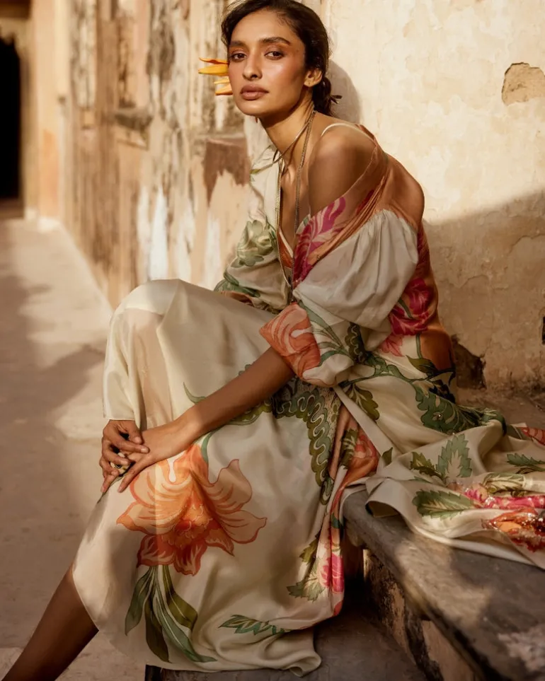 Pastel Orange Habutai Floral Skirt Set