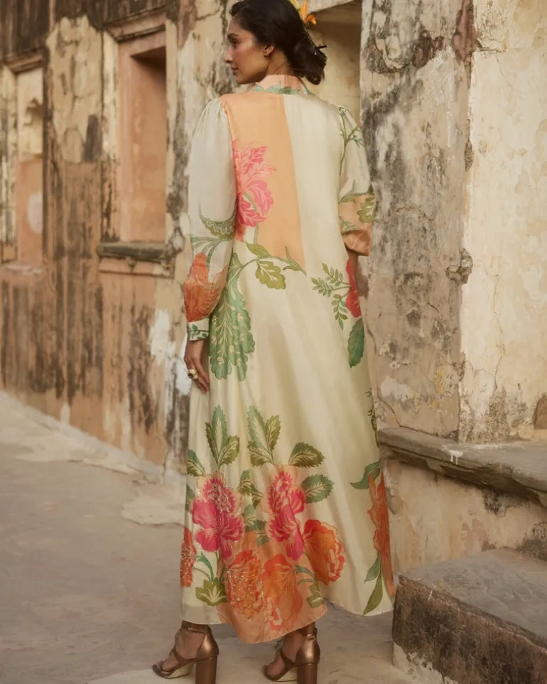 Pastel Orange Habutai Floral Skirt Set