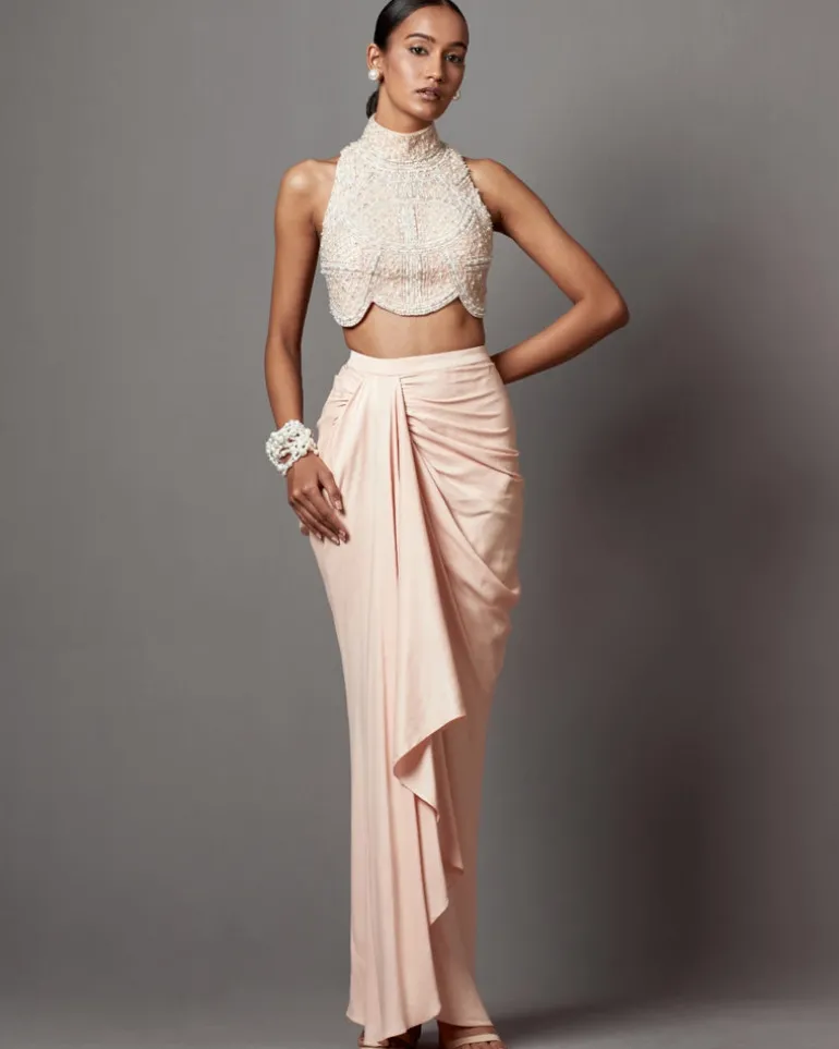 Pastel Pink Drape Skirt Blouse Set