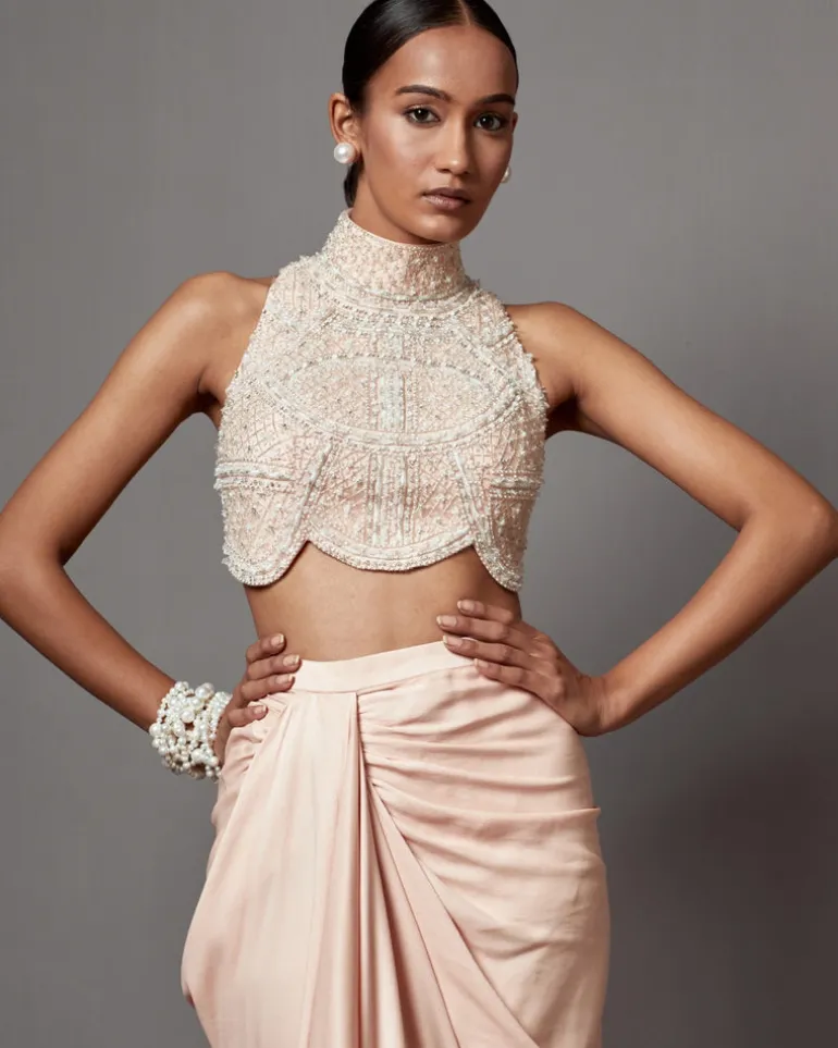 Pastel Pink Drape Skirt Blouse Set