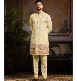Pastel Yellow Cutdana & Thread Mix Trible Embroidered Kurta Paired With Pastel Yellow Pants