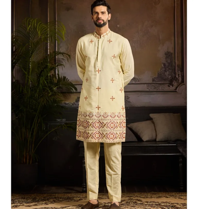 Pastel Yellow Cutdana & Thread Mix Trible Embroidered Kurta Paired With Pastel Yellow Pants