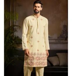 Pastel Yellow Cutdana & Thread Mix Trible Embroidered Kurta Paired With Pastel Yellow Pants