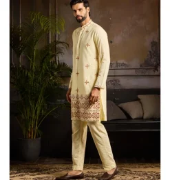 Pastel Yellow Cutdana & Thread Mix Trible Embroidered Kurta Paired With Pastel Yellow Pants