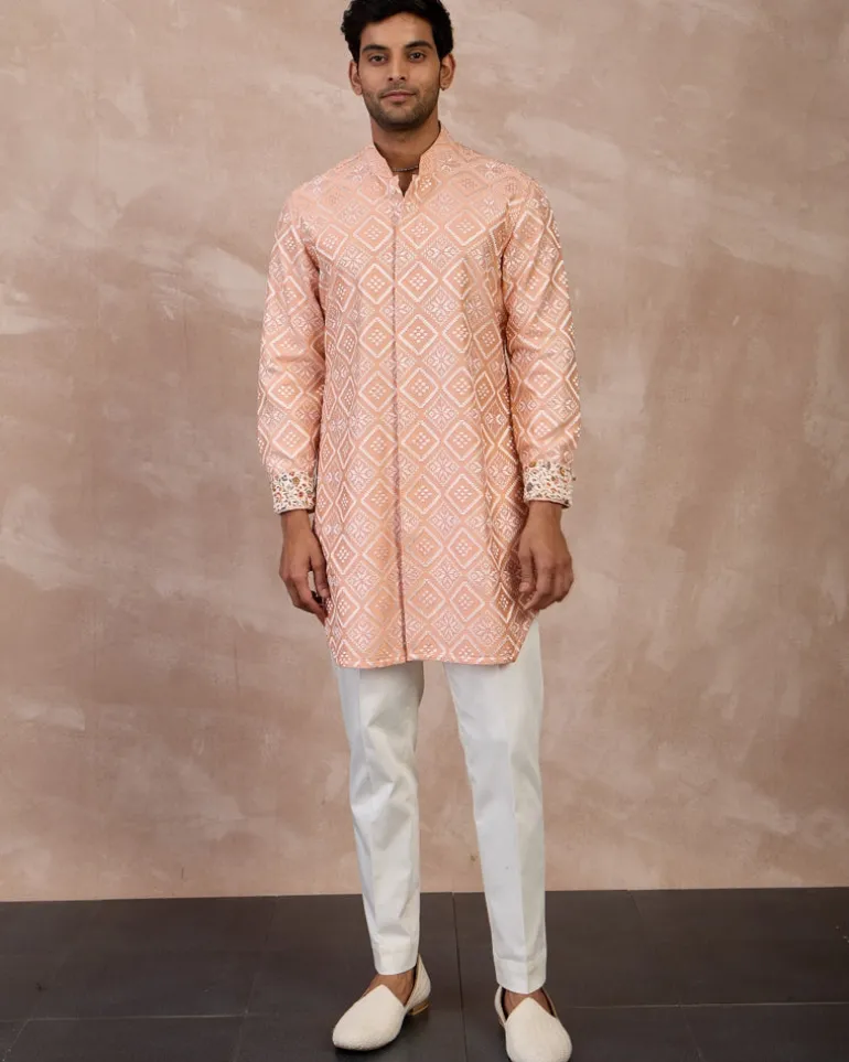 Peach & Ivory Dice Front Open Edge Cut Kurta Set