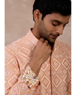 Peach & Ivory Dice Front Open Edge Cut Kurta Set