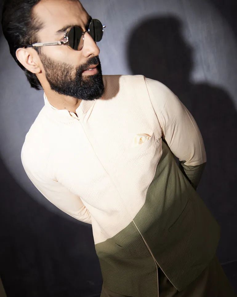 Peach And Olive Colorblock Kurta Set