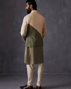 Peach And Olive Colorblock Kurta Set