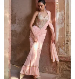 Peach Corset Pre Draped Sari