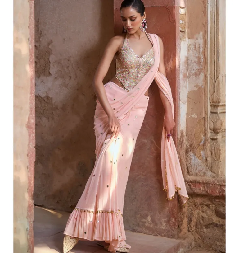 Peach Corset Pre Draped Sari