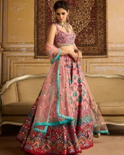 Peach Embroidered Blouse And Lehenga Set