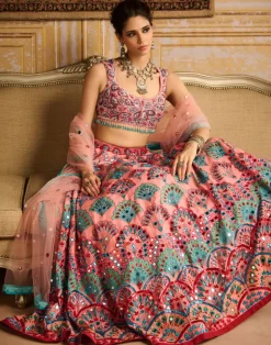 Peach Embroidered Blouse And Lehenga Set