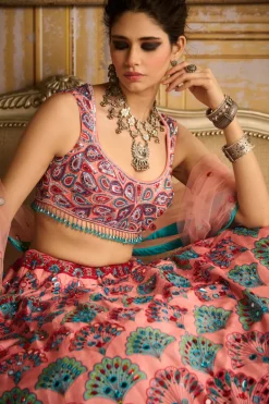 Peach Embroidered Blouse And Lehenga Set