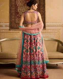 Peach Embroidered Blouse And Lehenga Set