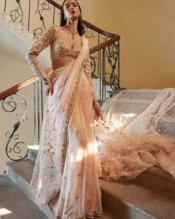 Peach Embroidered Organza Sari Set