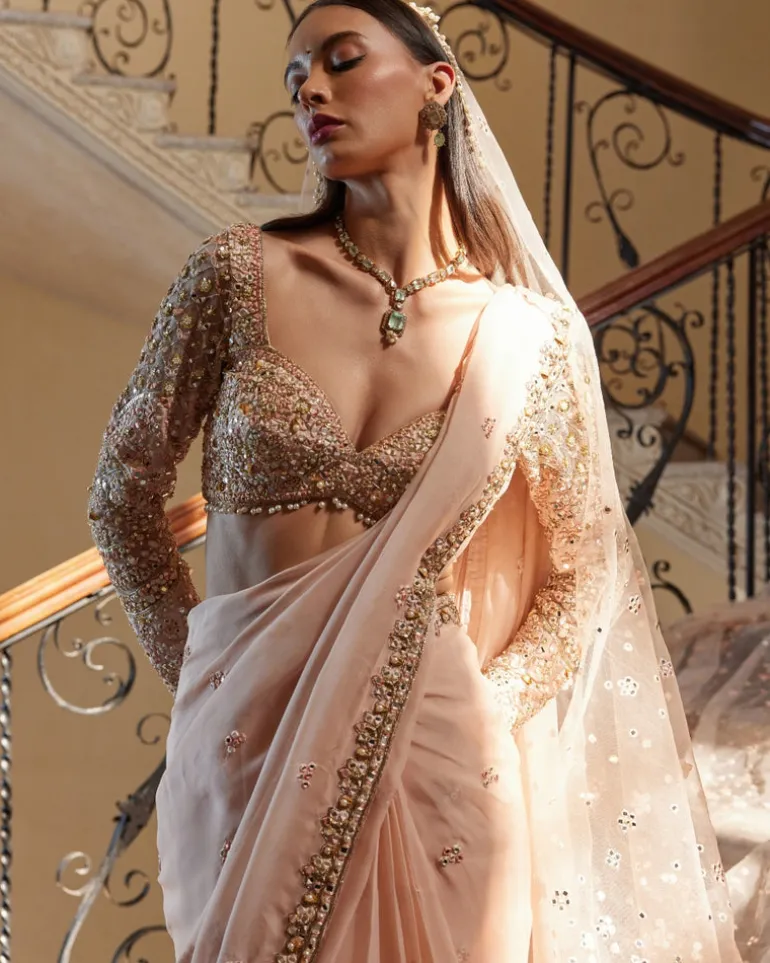 Peach Embroidered Organza Sari Set