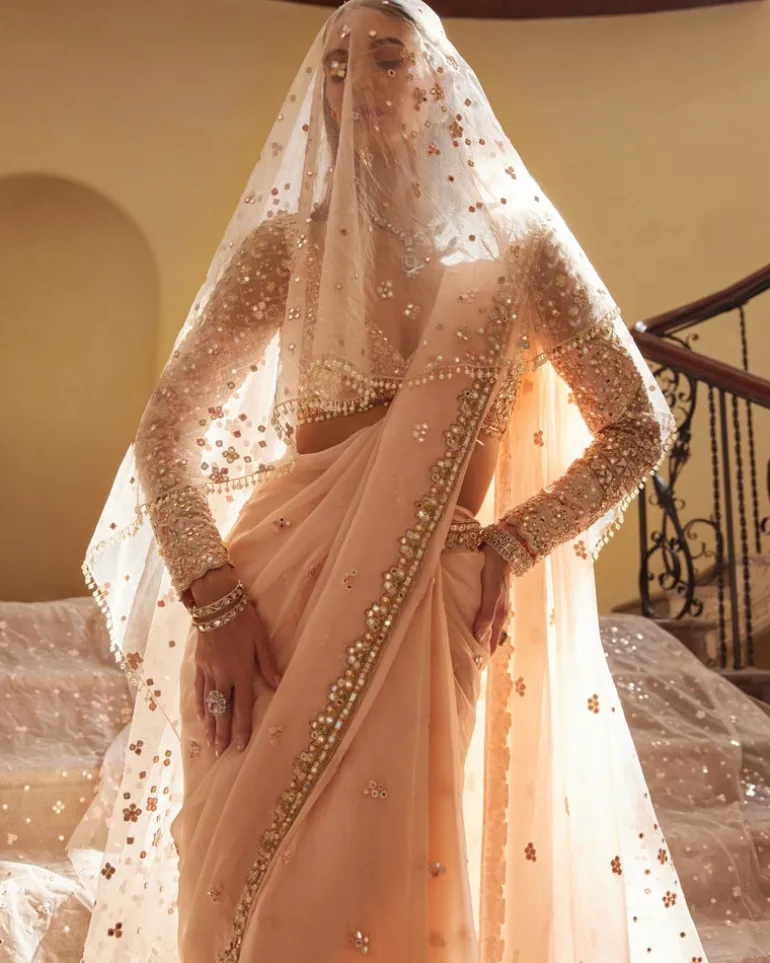 Peach Embroidered Organza Sari Set