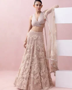 Peach Lace 3D Appliques Tie Up Lehenga Set