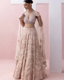 Peach Lace 3D Appliques Tie Up Lehenga Set