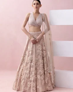 Peach Lace 3D Appliques Tie Up Lehenga Set