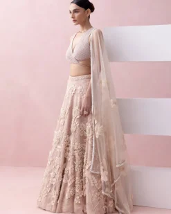 Peach Lace 3D Appliques Tie Up Lehenga Set