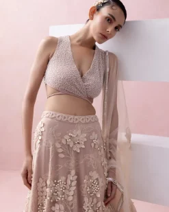Peach Lace 3D Appliques Tie Up Lehenga Set