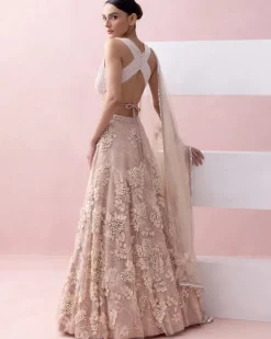 Peach Lace 3D Appliques Tie Up Lehenga Set